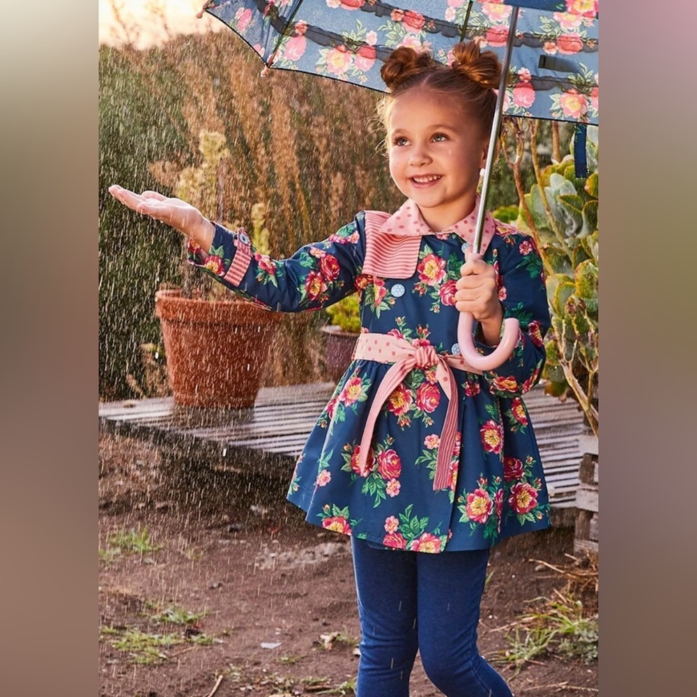 Matilda Jane Down Came The Rain Belted Rain Jacket Coat Navy Pink Floral, Sz 14